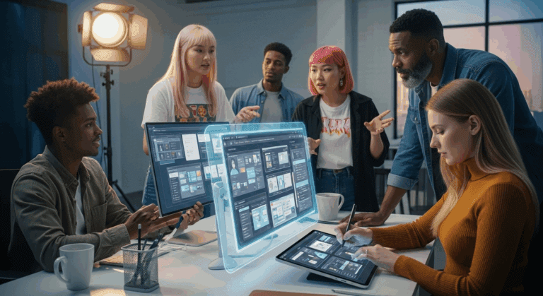 A visually dynamic scene showcasing a modern digital workspace with a diverse team collaborating on web design strategies, featuring futuristic devices and interface mock-ups in vibrant colors. No texts on scene. Photorealistic style, high resolution, 4k details, HDR, cinematic lighting, professional photography, studio lighting, vibrant colors.