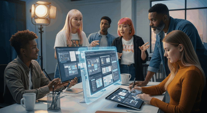 A visually dynamic scene showcasing a modern digital workspace with a diverse team collaborating on web design strategies, featuring futuristic devices and interface mock-ups in vibrant colors. No texts on scene. Photorealistic style, high resolution, 4k details, HDR, cinematic lighting, professional photography, studio lighting, vibrant colors.