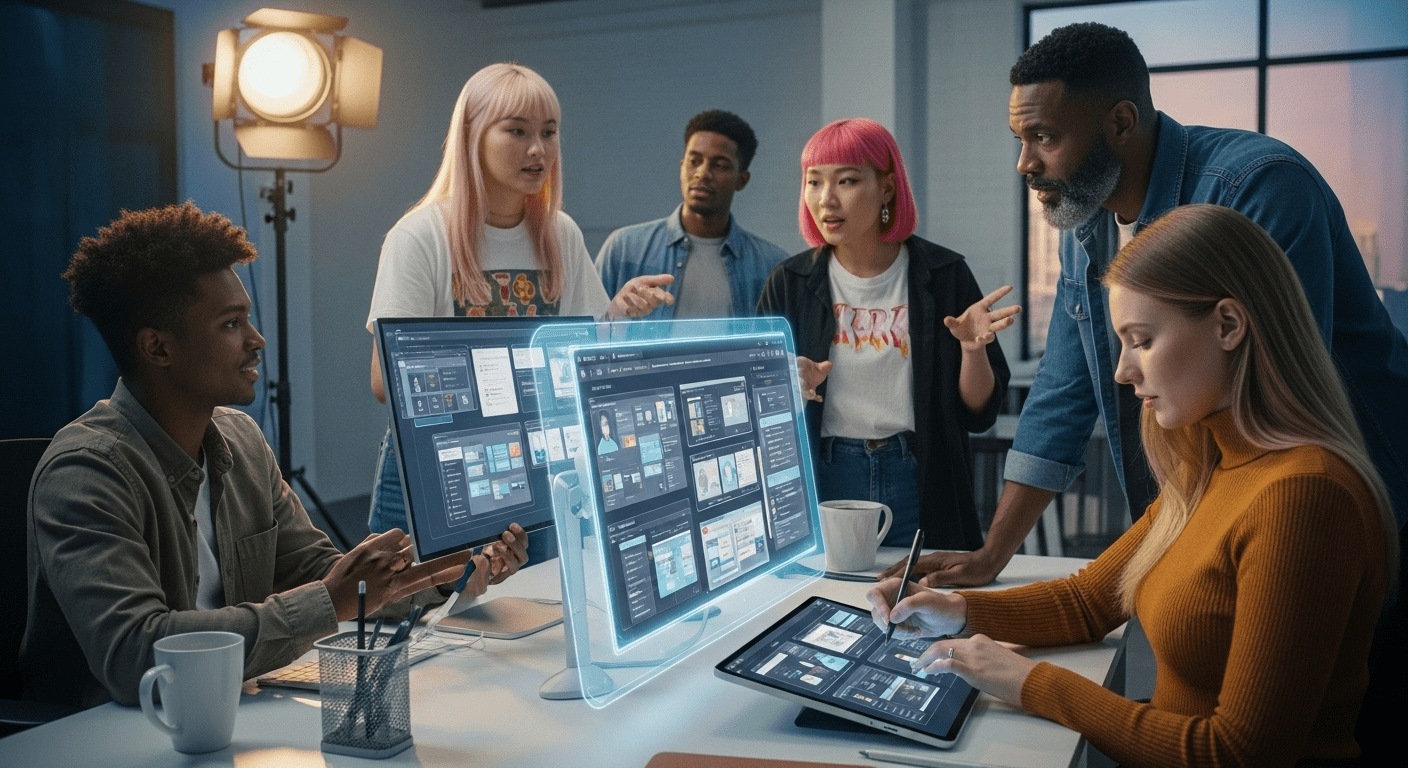 A visually dynamic scene showcasing a modern digital workspace with a diverse team collaborating on web design strategies, featuring futuristic devices and interface mock-ups in vibrant colors. No texts on scene. Photorealistic style, high resolution, 4k details, HDR, cinematic lighting, professional photography, studio lighting, vibrant colors.