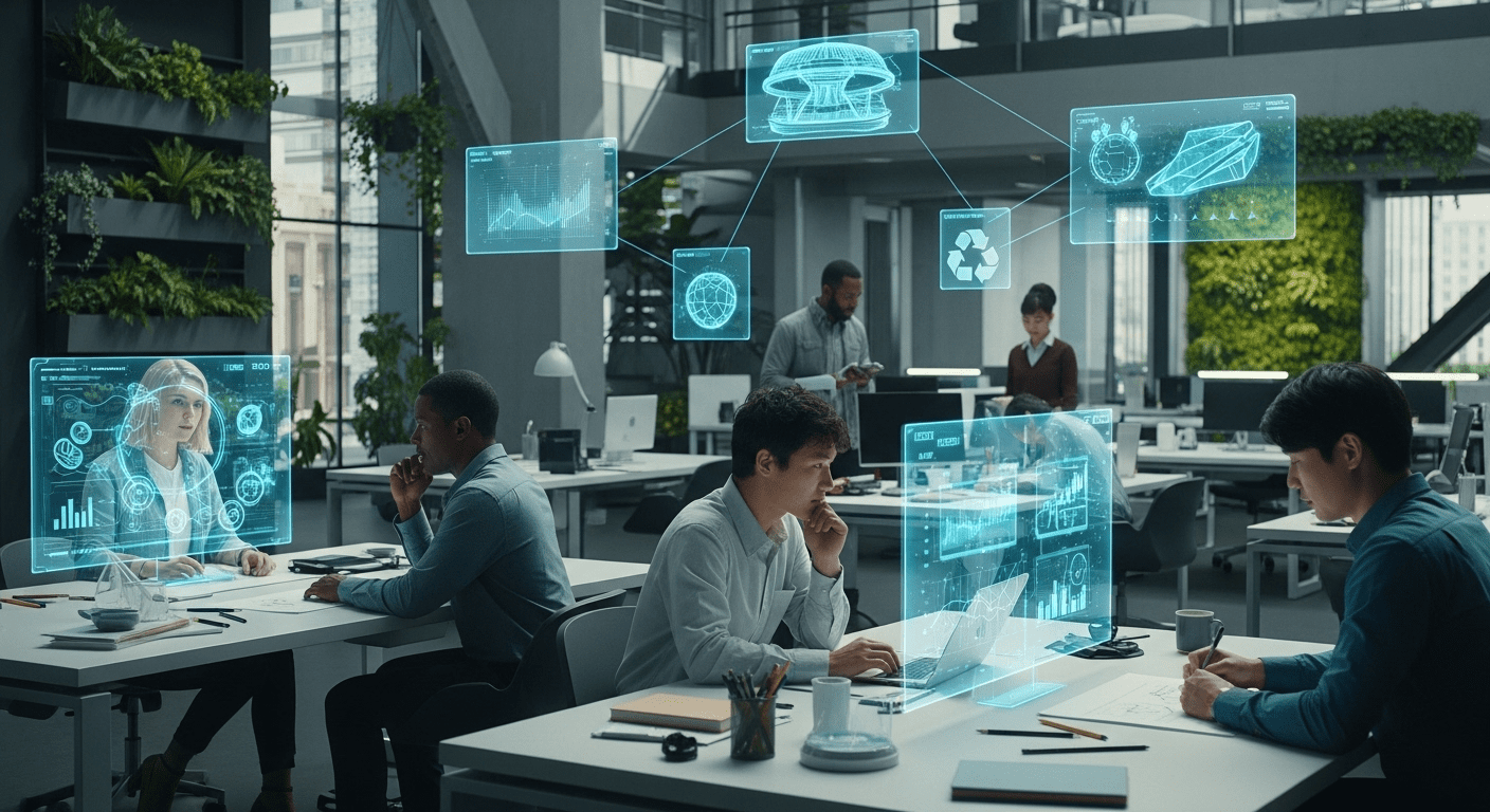 A futuristic scene depicting six essential elements for success in 2025, featuring advanced technology, sustainability symbols, diverse teamwork, and innovative design in a modern workspace. no texts on scene. Photorealistic style, high resolution, 4k details, HDR, cinematic lighting, professional photography, studio lighting, vibrant colors.