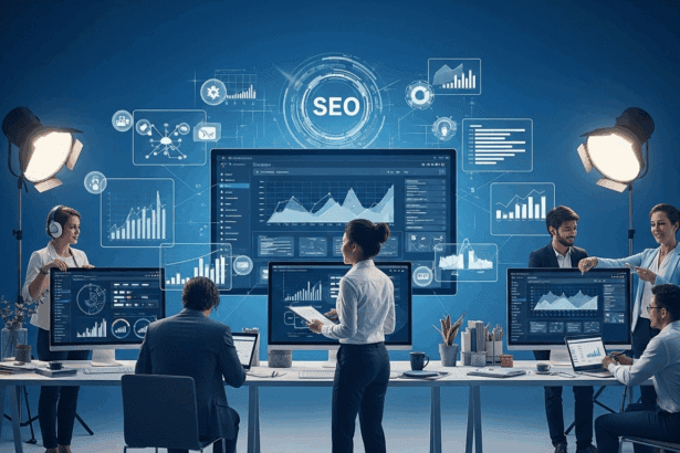 A visually striking scene depicting a futuristic digital marketing workspace, showcasing various SEO strategies like keyword analysis, competitive research, and analytics dashboards with data visualizations on screens, illustrating a team of professionals collaborating and brainstorming creative ways to enhance online traffic. No texts on scene. Photorealistic style, high resolution, 4k details, HDR, cinematic lighting, professional photography, studio lighting, vibrant colors.