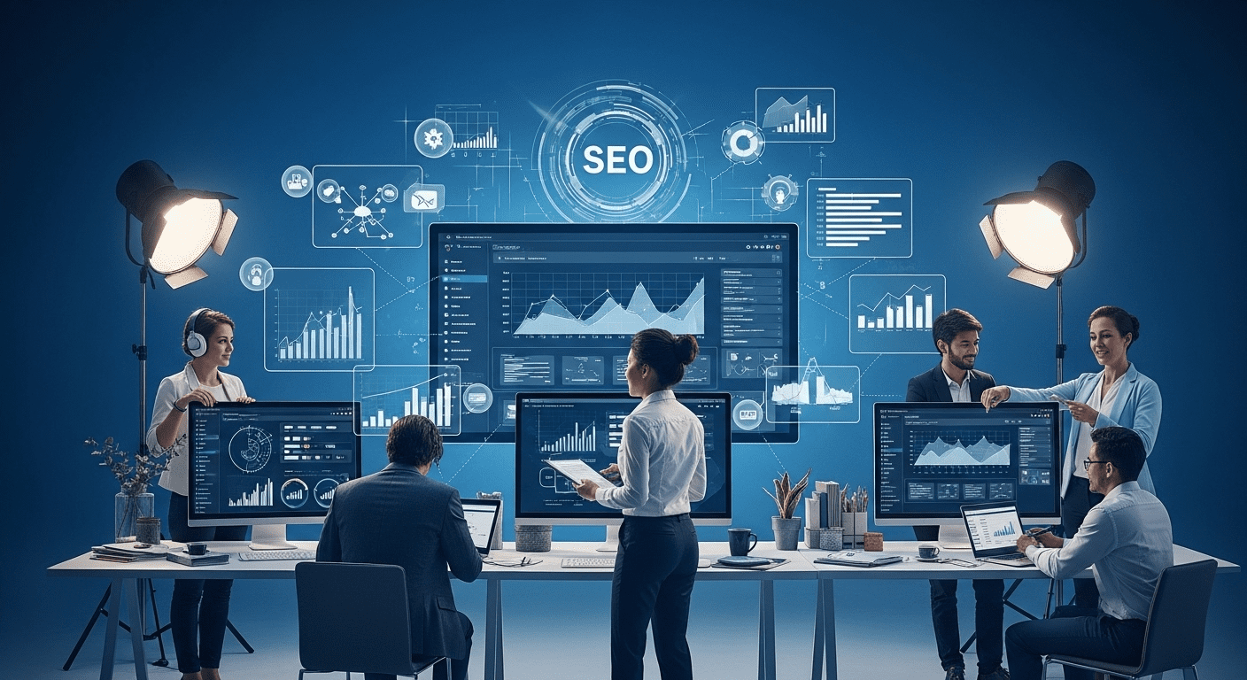 A visually striking scene depicting a futuristic digital marketing workspace, showcasing various SEO strategies like keyword analysis, competitive research, and analytics dashboards with data visualizations on screens, illustrating a team of professionals collaborating and brainstorming creative ways to enhance online traffic. No texts on scene. Photorealistic style, high resolution, 4k details, HDR, cinematic lighting, professional photography, studio lighting, vibrant colors.