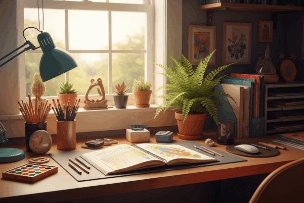 A cozy home office with a vibrant, colorful workspace featuring art supplies, a sketchbook, and a potted plant on a wooden desk, sunlight streaming through a window. Photorealistic, 4K, HDR, cinematic lighting, ultra detailed, award-winning photography, studio shot, vibrant colors.