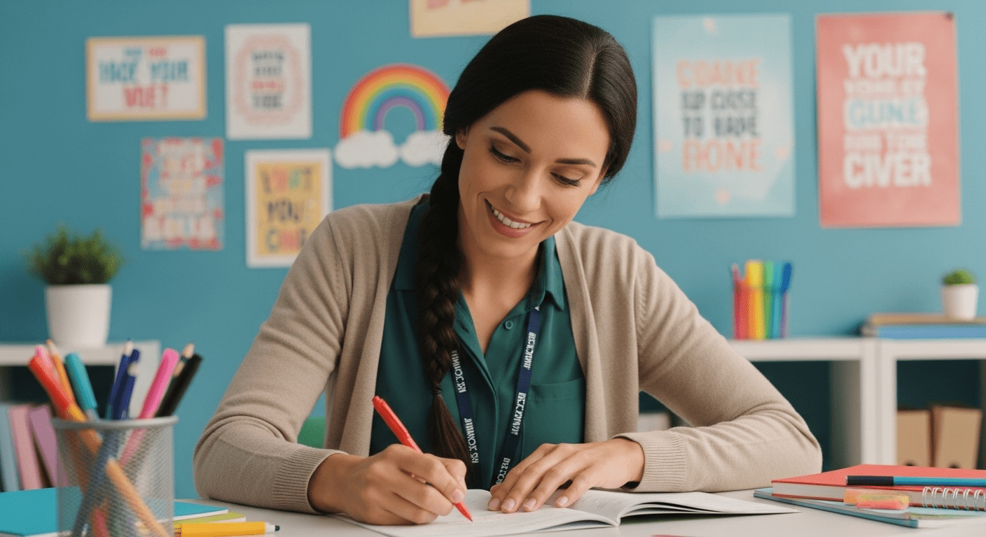 A close-up shot of a person writing positive feedback on a student's paper, with a warm, inviting classroom background filled with educational posters and colorful stationery. Photorealistic, 4K, HDR, cinematic lighting, ultra detailed, award-winning photography, studio shot, vibrant colors.