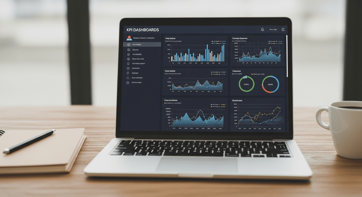 A close-up view of a laptop screen displaying a colorful KPI dashboard with graphs and charts, set on a wooden desk with a notebook and a coffee cup beside it, photorealistic, 4K, HDR, cinematic lighting, ultra detailed, award-winning photography, studio shot, vibrant colors.
