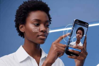 An innovative user interacting with a futuristic smartphone using facial gesture navigation, surrounded by a sleek, modern environment showcasing advanced technology elements. no texts on scene. Keywords: photorealistic style, high resolution, 4k details, HDR, cinematic lighting, professional photography, studio lighting, vibrant colors.