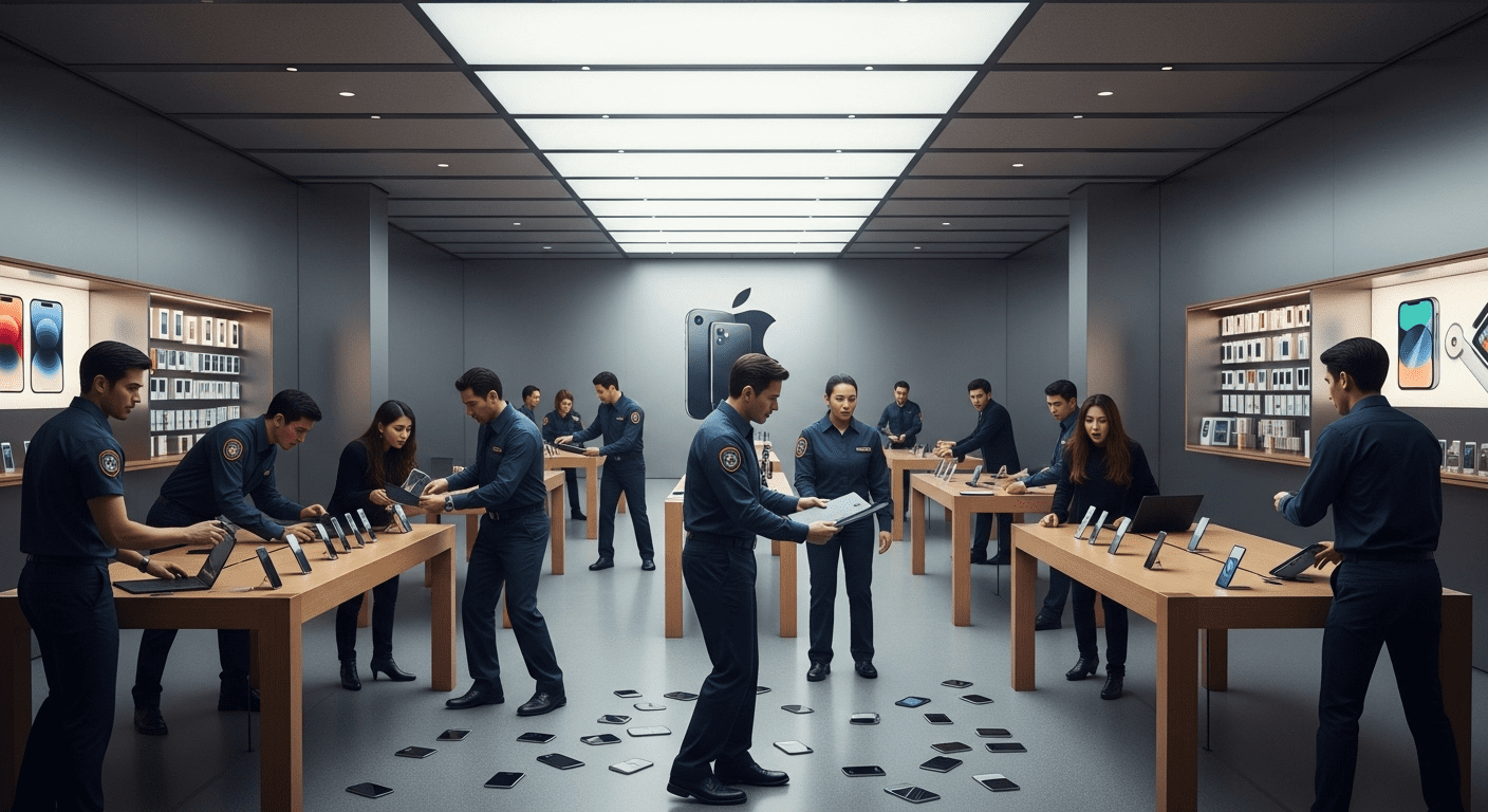 A dramatic scene illustrating a large, modern Apple store with customers looking surprised and concerned, as a group of agents investigates counterfeit iPhones being returned, under bright lighting that highlights the sleek product displays. no texts on scene. Keywords: photorealistic style, high resolution, 4k details, HDR, cinematic lighting, professional photography, studio lighting, vibrant colors.