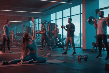 A vibrant fitness scene showcasing diverse individuals engaging in various exercises and meditation practices in a modern gym environment, highlighting the excitement of Apple Fitness+ launching in Brazil. no texts on scene. Keywords: photorealistic style, high resolution, 4k details, HDR, cinematic lighting, professional photography, studio lighting, vibrant colors.