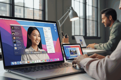 A visually stunning scene depicting a modern office workspace with a sleek new MacBook displaying the macOS Monterey interface, featuring focused professionals using the new Focus Mode and a redesigned Safari browser. No texts on scene. Keywords: photorealistic style, high resolution, 4k details, HDR, cinematic lighting, professional photography, studio lighting, vibrant colors.