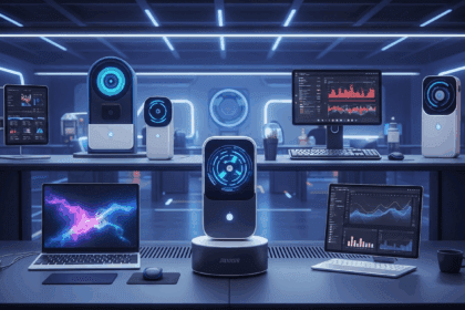 A futuristic workspace showcasing the top six advanced tools, each designed for productivity and innovation in 2025, with sleek, modern technology features and a vibrant color palette. no texts on scene. keywords: photorealistic style, high resolution, 4k details, HDR, cinematic lighting, professional photography, studio lighting, vibrant colors.