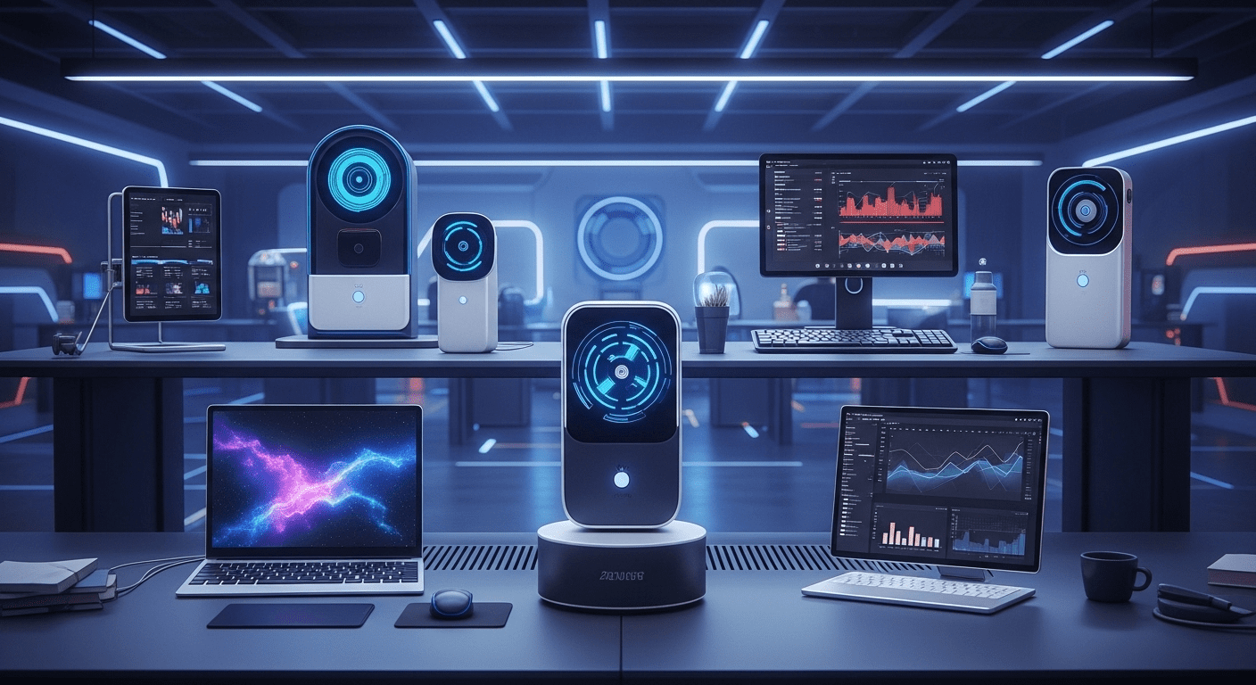 A futuristic workspace showcasing the top six advanced tools, each designed for productivity and innovation in 2025, with sleek, modern technology features and a vibrant color palette. no texts on scene. keywords: photorealistic style, high resolution, 4k details, HDR, cinematic lighting, professional photography, studio lighting, vibrant colors.