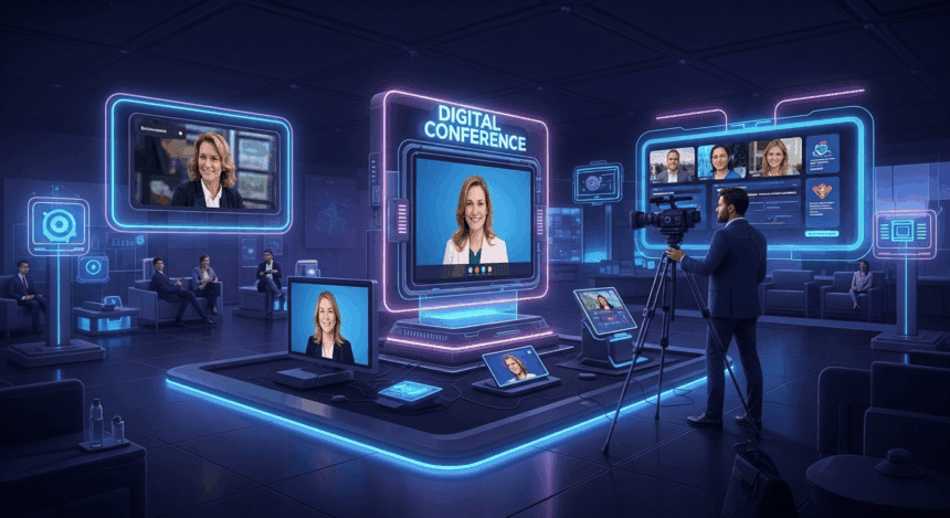 A dynamic digital conference scene in 2025, showcasing engaging webinars with diverse speakers, innovative technology, and an interactive online audience connected via futuristic devices, reflecting the excitement of online events. no texts on scene.  
photorealistic style, high resolution, 4k details, HDR, cinematic lighting, professional photography, studio lighting, vibrant colors.