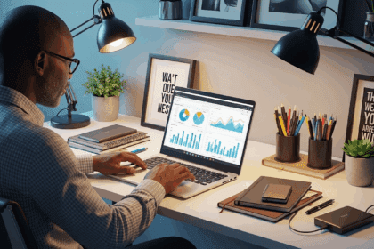 A dynamic workspace filled with productivity tools, a laptop displaying graphs, and a focused entrepreneur surrounded by motivational elements, reflecting the essence of daily efficiency. No texts on scene. Photorealistic style, high resolution, 4k details, HDR, cinematic lighting, professional photography, studio lighting, vibrant colors.