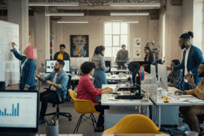 A vibrant and inspiring workspace filled with innovative designs and entrepreneurial tools, showcasing a diverse group of people brainstorming and collaborating in a modern office setting. No texts on scene. Keywords: photorealistic style, high resolution, 4k details, HDR, cinematic lighting, professional photography, studio lighting, vibrant colors.