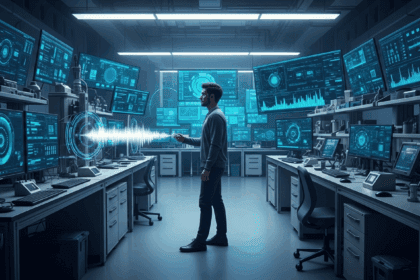 A futuristic scene depicting advanced AI technology seamlessly interpreting lip movements with precision, showcasing a sleek laboratory filled with high-tech devices and screens displaying complex data analyses. No texts on scene. Keywords: photorealistic style, high resolution, 4k details, HDR, cinematic lighting, professional photography, studio lighting, vibrant colors.