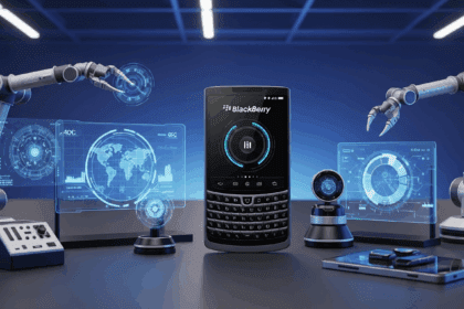 A contemporary office setting features a sleek, high-tech virtual assistant interface displayed on a BlackBerry device, surrounded by futuristic gadgets and dynamic digital elements symbolizing innovation and connectivity. no texts on scene. Keywords: photorealistic style, high resolution, 4k details, HDR, cinematic lighting, professional photography, studio lighting, vibrant colors.
