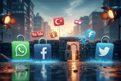 A visually striking scene depicting a digital landscape where popular social media icons like WhatsApp, Facebook, YouTube, and Twitter are represented as locked gates, symbolizing their unavailability in Turkey amidst a backdrop of a tense urban environment with digital disconnect. no texts on scene. Keywords: photorealistic style, high resolution, 4k details, HDR, cinematic lighting, professional photography, studio lighting, vibrant colors.