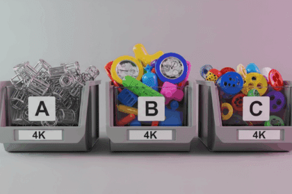 A neatly organized workspace featuring clearly labeled A, B, and C bins filled with various items, emphasizing distinct categories and colors, with a soft focus background. Photorealistic, 4K, HDR, cinematic lighting, ultra detailed, award-winning photography, studio shot, vibrant colors.
