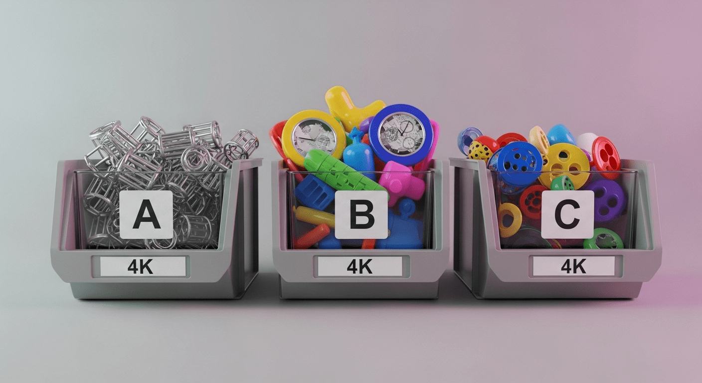 A neatly organized workspace featuring clearly labeled A, B, and C bins filled with various items, emphasizing distinct categories and colors, with a soft focus background. Photorealistic, 4K, HDR, cinematic lighting, ultra detailed, award-winning photography, studio shot, vibrant colors.