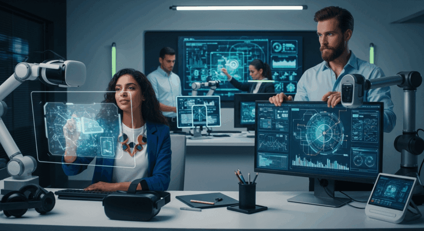 A futuristic office scene showcasing a creative team brainstorming and collaborating on AI-generated content, surrounded by high-tech devices and screens displaying vibrant data visualizations. no texts on scene. Keywords: photorealistic style, high resolution, 4k details, HDR, cinematic lighting, professional photography, studio lighting, vibrant colors.