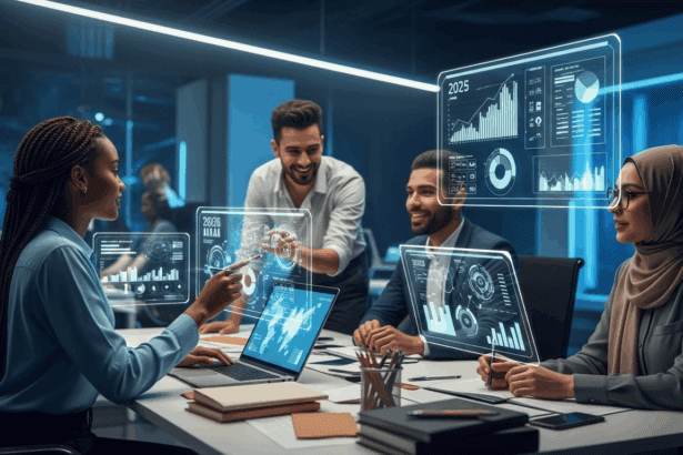 A futuristic workspace showcasing a diverse team collaboratively developing a strategic plan for 2025, featuring high-tech tools and digital displays of data and charts. no texts on scene. photorealistic style, high resolution, 4k details, HDR, cinematic lighting, professional photography, studio lighting, vibrant colors.