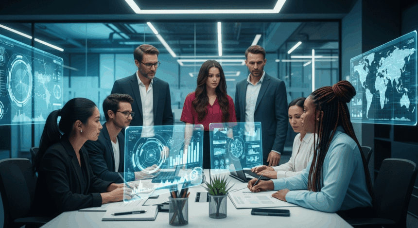 A futuristic office environment featuring a diverse team of professionals brainstorming and collaborating on strategic plans, with holographic data displays and digital maps in the background, embodying the innovative spirit of 2025. no texts on scene. photorealistic style, high resolution, 4k details, HDR, cinematic lighting, professional photography, studio lighting, vibrant colors.