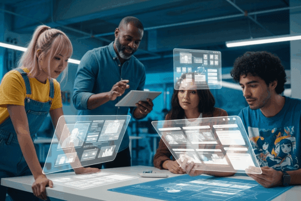 A futuristic workspace displays a diverse team collaborating over digital blueprints and 3D models, illustrating an innovative website structure for 2025. no texts on scene. photorealistic style, high resolution, 4k details, HDR, cinematic lighting, professional photography, studio lighting, vibrant colors.