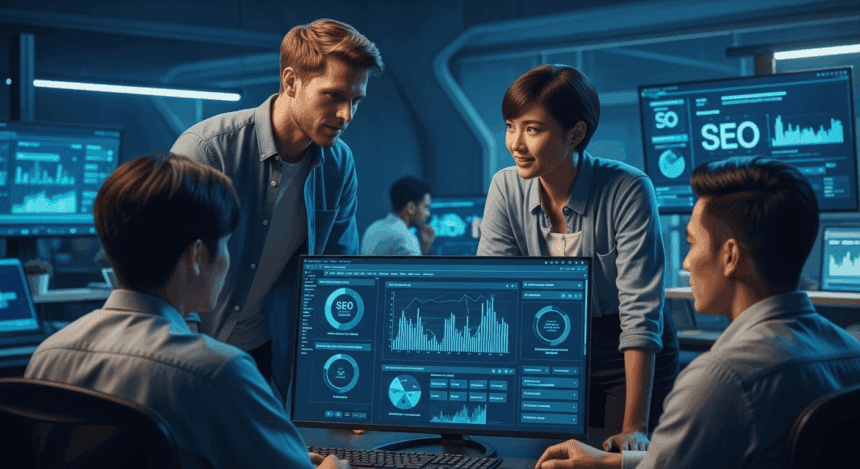 A dynamic, futuristic workspace showcasing digital marketers engaging in collaborative discussions over screens filled with data visualizations and SEO strategies, emphasizing the human connection in technology. no texts on scene. Photorealistic style, high resolution, 4k details, HDR, cinematic lighting, professional photography, studio lighting, vibrant colors.