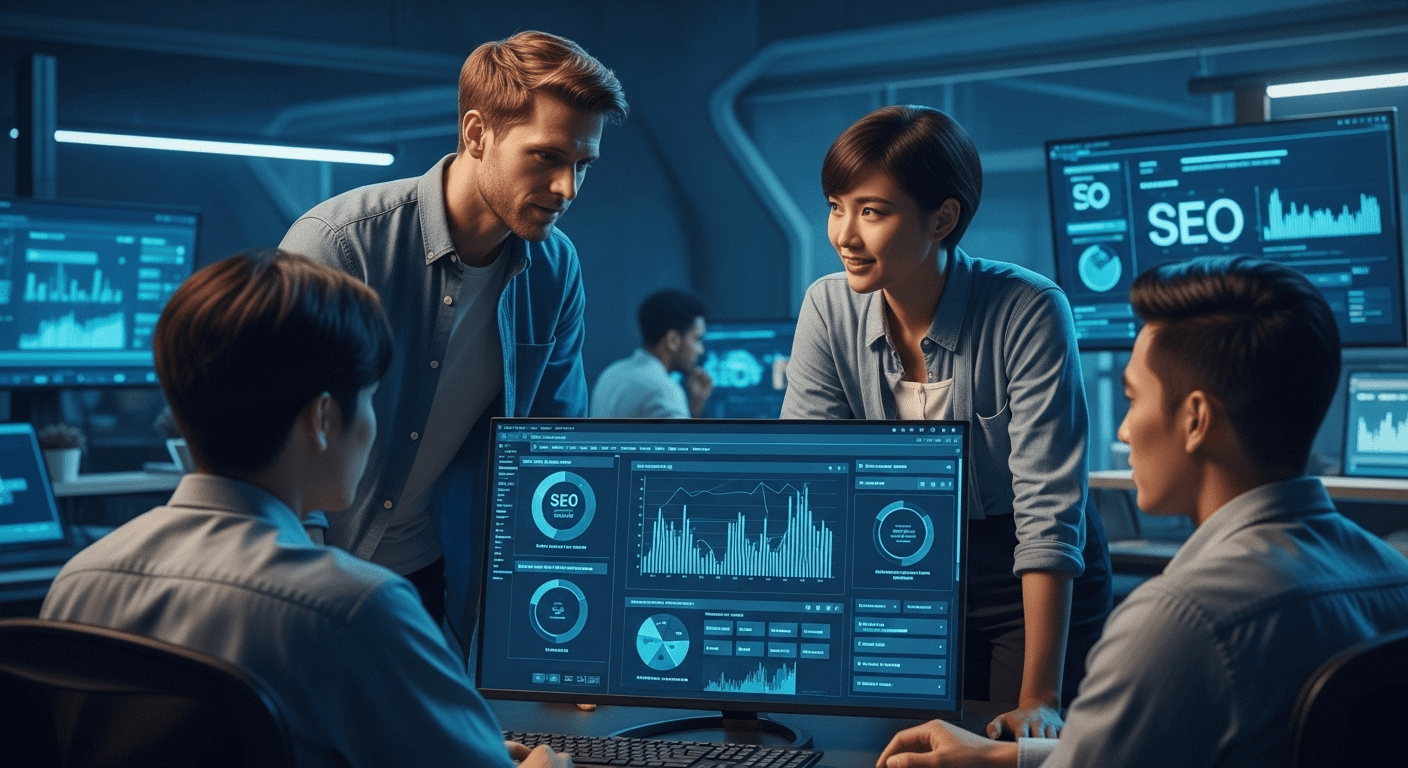 A dynamic, futuristic workspace showcasing digital marketers engaging in collaborative discussions over screens filled with data visualizations and SEO strategies, emphasizing the human connection in technology. no texts on scene. Photorealistic style, high resolution, 4k details, HDR, cinematic lighting, professional photography, studio lighting, vibrant colors.