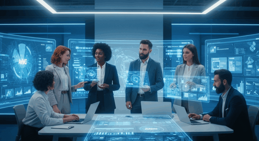 A futuristic workspace depicting a team of professionals collaborating around digital screens while strategizing the implementation of a subscription-based service in 2025, showcasing innovative technology and a dynamic environment. no texts on scene. keywords: photorealistic style, high resolution, 4k details, HDR, cinematic lighting, professional photography, studio lighting, vibrant colors.
