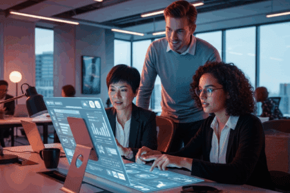 A vibrant, modern office setting showcasing diverse professionals collaborating around a digital interface, emphasizing innovative communication tools and strategies for effective corporate interaction in 2025. no texts on scene. Keywords: photorealistic style, high resolution, 4k details, HDR, cinematic lighting, professional photography, studio lighting, vibrant colors.