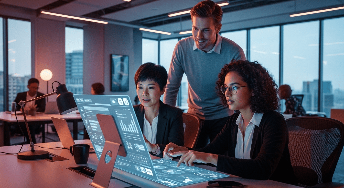 A vibrant, modern office setting showcasing diverse professionals collaborating around a digital interface, emphasizing innovative communication tools and strategies for effective corporate interaction in 2025. no texts on scene. Keywords: photorealistic style, high resolution, 4k details, HDR, cinematic lighting, professional photography, studio lighting, vibrant colors.