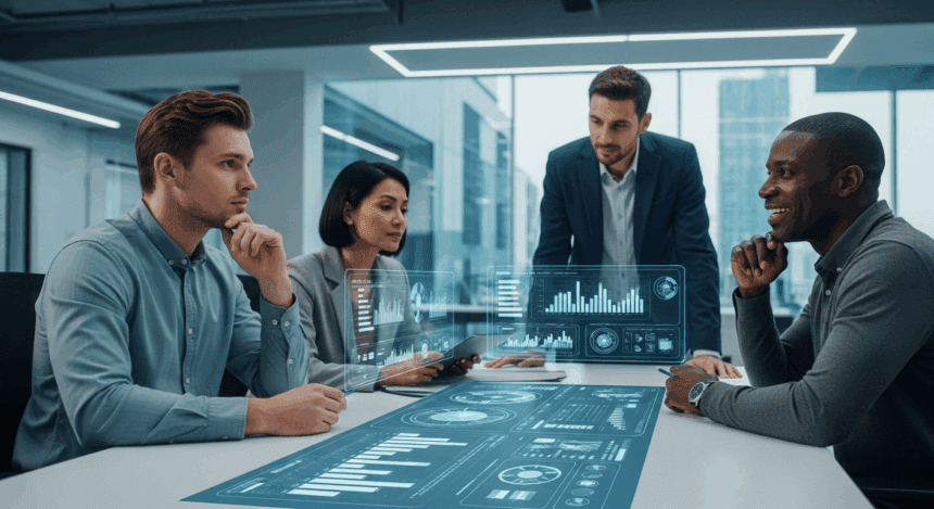 A futuristic office space showcasing innovative technology and collaboration among diverse professionals strategizing for business optimization in 2025. no texts on scene, photorealistic style, high resolution, 4k details, HDR, cinematic lighting, professional photography, studio lighting, vibrant colors.