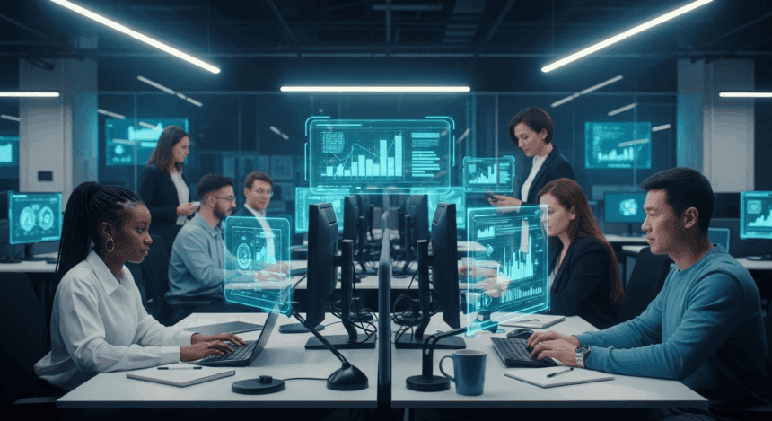 A futuristic office scene showcasing advanced technologies and collaborative workspaces where teams are engaged in optimizing processes through artificial intelligence and data analytics, featuring sleek design and innovative tools. no texts on scene. Keywords: photorealistic style, high resolution, 4k details, HDR, cinematic lighting, professional photography, studio lighting, vibrant colors.