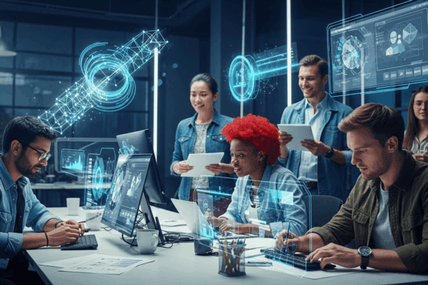 A futuristic digital workspace featuring diverse individuals creating and sharing user-generated content, surrounded by advanced technology and vibrant holograms representing creativity and collaboration. No texts on scene. Keywords: photorealistic style, high resolution, 4k details, HDR, cinematic lighting, professional photography, studio lighting, vibrant colors.