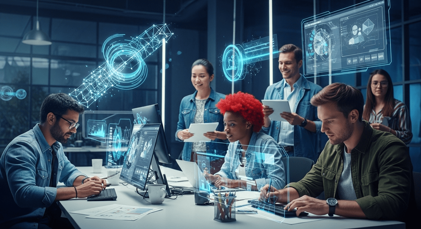 A futuristic digital workspace featuring diverse individuals creating and sharing user-generated content, surrounded by advanced technology and vibrant holograms representing creativity and collaboration. No texts on scene. Keywords: photorealistic style, high resolution, 4k details, HDR, cinematic lighting, professional photography, studio lighting, vibrant colors.