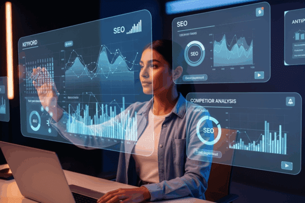 A visually engaging representation of a futuristic digital workspace, showcasing a person analyzing SEO data with holographic displays, surrounded by vibrant graphs and anti-plagiarism tools. no texts on scene. keywords: photorealistic style, high resolution, 4k details, HDR, cinematic lighting, professional photography, studio lighting, vibrant colors.