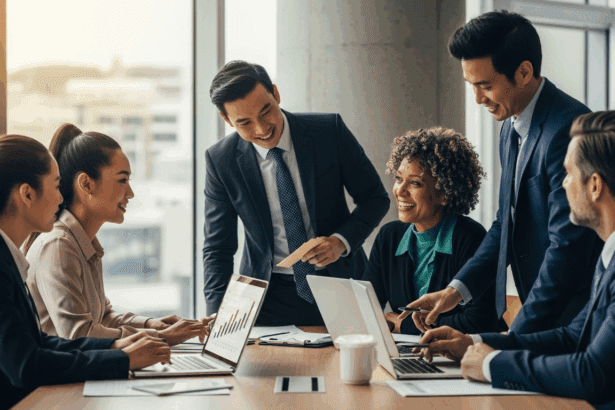 A bustling office environment with diverse employees collaborating around a modern conference table, laptops open and charts displayed, in a bright, airy space with large windows. Photorealistic, 4K, HDR, cinematic lighting, ultra detailed, award-winning photography, vibrant colors.