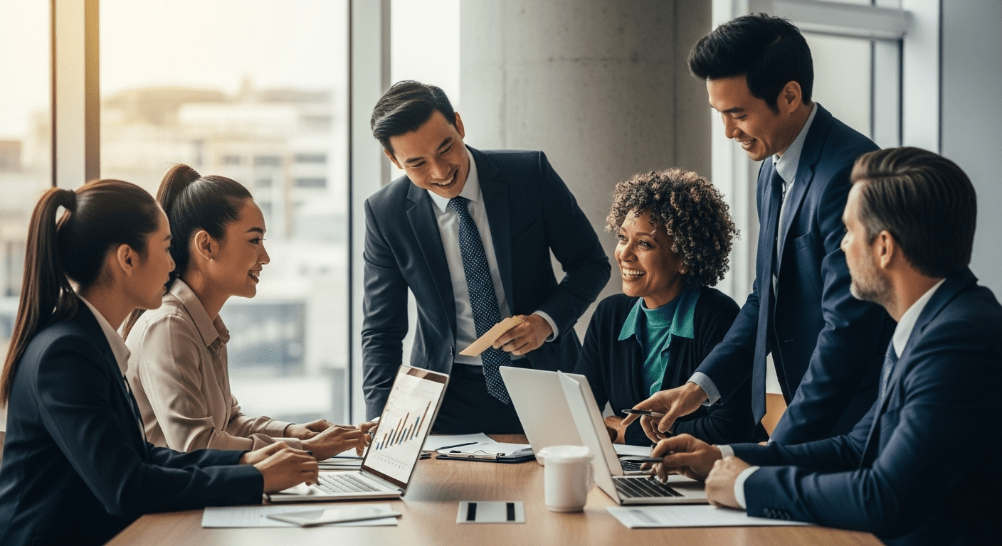 A bustling office environment with diverse employees collaborating around a modern conference table, laptops open and charts displayed, in a bright, airy space with large windows. Photorealistic, 4K, HDR, cinematic lighting, ultra detailed, award-winning photography, vibrant colors.