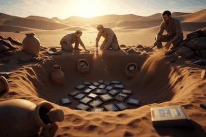 A vast desert landscape reveals a group of archaeologists unearthing vintage game cartridges, surrounded by mounds of sand and the setting sun casting dramatic shadows, capturing the essence of a legendary gaming discovery. no texts on scene. Keywords: photorealistic style, high resolution, 4k details, HDR, cinematic lighting, professional photography, studio lighting, vibrant colors.