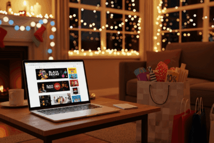 A cozy living room decorated for Black Friday, featuring a laptop on a coffee table with shopping tabs open, festive lights, and a shopping bag nearby, photorealistic, 4K, HDR, cinematic lighting, ultra detailed, award-winning photography, vibrant colors.