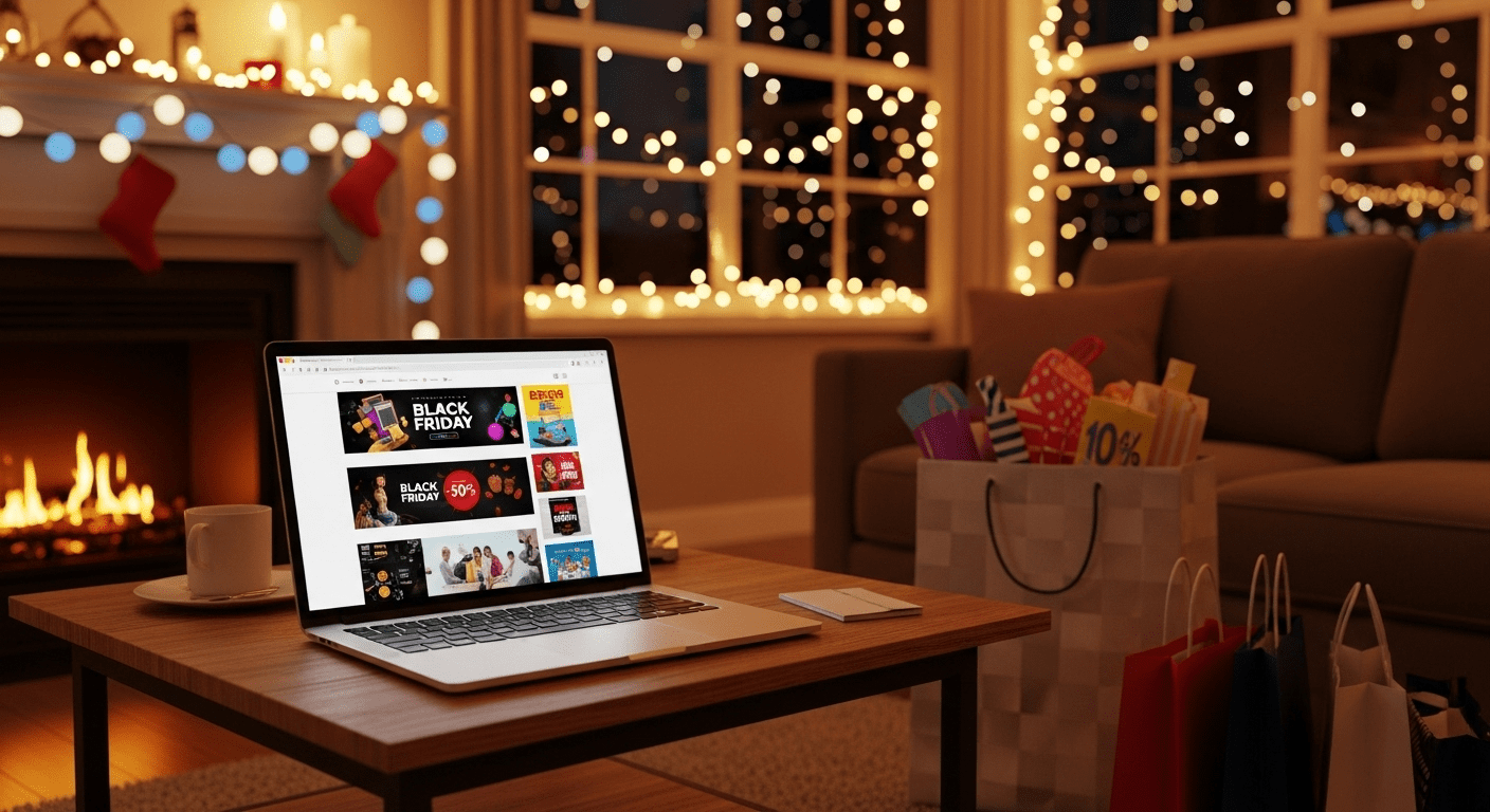 A cozy living room decorated for Black Friday, featuring a laptop on a coffee table with shopping tabs open, festive lights, and a shopping bag nearby, photorealistic, 4K, HDR, cinematic lighting, ultra detailed, award-winning photography, vibrant colors.