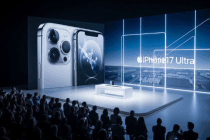 A sleek, futuristic Apple product launch event showcasing the iPhone 17 Ultra on a modern stage with high-tech elements and an enthusiastic audience, highlighting innovation and cutting-edge design. No texts on scene. Powerful keywords: photorealistic style, high resolution, 4k details, HDR, cinematic lighting, professional photography, studio lighting, vibrant colors.