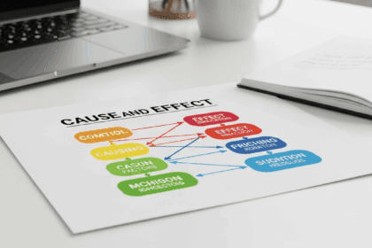 A close-up shot of a color-coded cause and effect diagram on a desk with a laptop and notepad in the background, highlighting the connections with clear labels. Photorealistic, 4K, HDR, ultra detailed, award-winning photography, vibrant colors.