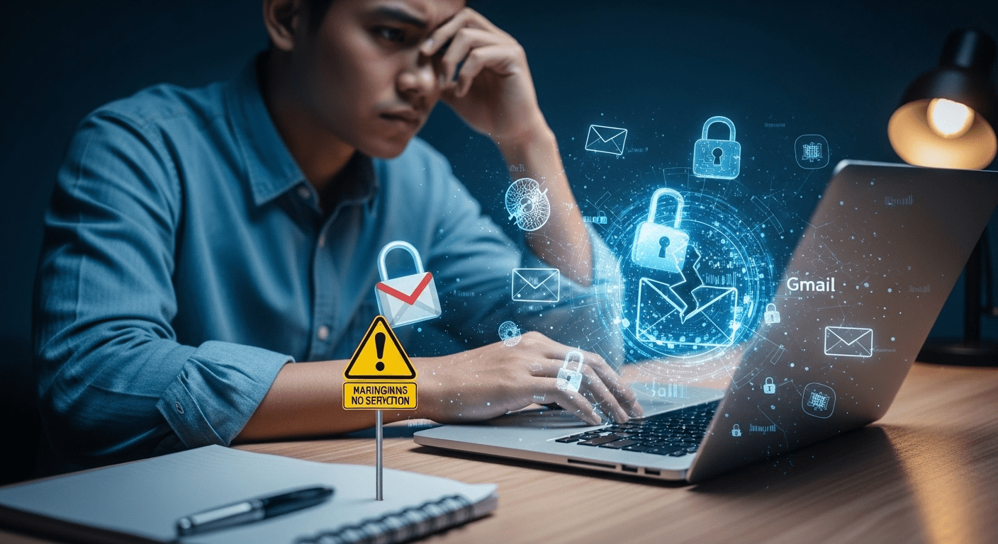 A digital scene depicting a concerned individual examining their laptop with a visual overlay of digital vulnerabilities and data breaches illustrated by broken locks and warning signs, symbolizing the risks associated with the lack of protection in email services like Gmail. no texts on scene. Keywords: photorealistic style, high resolution, 4k details, HDR, cinematic lighting, professional photography, studio lighting, vibrant colors.