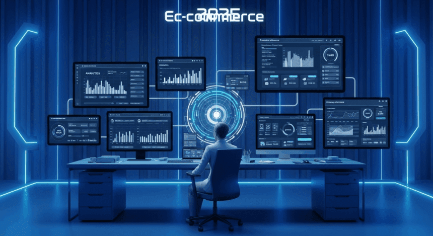 A futuristic workspace showcasing advanced tools and technologies designed for e-commerce management in 2025, featuring sleek interfaces on multiple screens displaying analytics, customer interactions, and inventory management. no texts on scene. Keywords: photorealistic style, high resolution, 4k details, HDR, cinematic lighting, professional photography, studio lighting, vibrant colors.