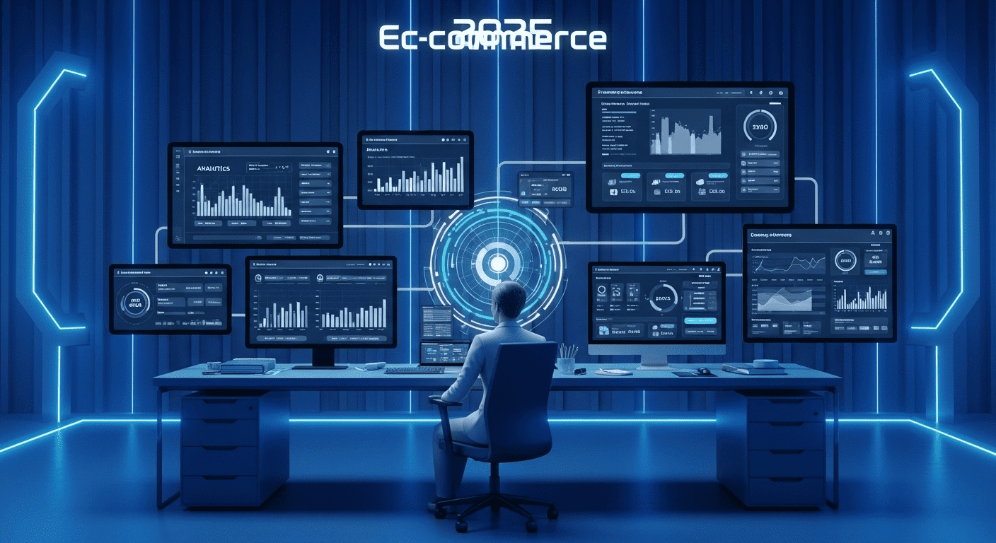 A futuristic workspace showcasing advanced tools and technologies designed for e-commerce management in 2025, featuring sleek interfaces on multiple screens displaying analytics, customer interactions, and inventory management. no texts on scene. Keywords: photorealistic style, high resolution, 4k details, HDR, cinematic lighting, professional photography, studio lighting, vibrant colors.