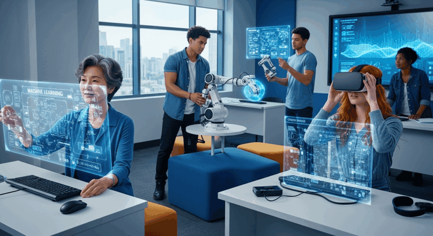 A dynamic scene depicting a diverse group of individuals experiencing machine learning through innovative technology in a modern classroom setting, showcasing interactions with AI tools and vibrant learning environments. No texts on scene. Keywords: photorealistic style, high resolution, 4k details, HDR, cinematic lighting, professional photography, studio lighting, vibrant colors.