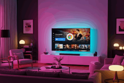 A cozy living room with a modern TV setup showcasing Chromecast in action, surrounded by comfortable seating, soft lighting, and stylish decor, creating an inviting atmosphere for user engagement and feedback. no texts on scene. Keywords: photorealistic style, high resolution, 4k details, HDR, cinematic lighting, professional photography, studio lighting, vibrant colors.