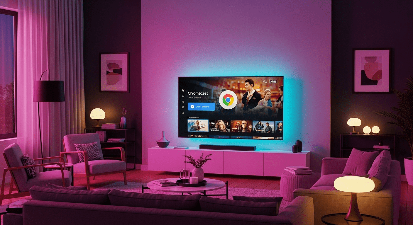 A cozy living room with a modern TV setup showcasing Chromecast in action, surrounded by comfortable seating, soft lighting, and stylish decor, creating an inviting atmosphere for user engagement and feedback. no texts on scene. Keywords: photorealistic style, high resolution, 4k details, HDR, cinematic lighting, professional photography, studio lighting, vibrant colors.